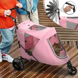 Pet Stroller for Large Dogs or Multiple Dogs Cats with Adjustable Handle, 3-Wheels Dual Entry Visible Portable Dog Carting Easy Folding Pet Wagon Double Dog Stroller up to 55 lbs, Pink