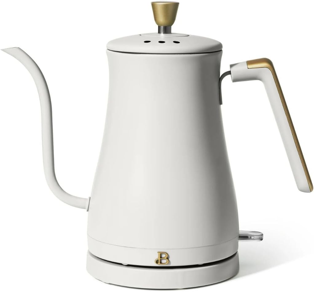 Beautiful 1L Electric Gooseneck Kettle \u2013 Pour Over Coffee & Tea, 1200W, Auto Shut-Off, Cordless, No-Spill Spout, Matte Finish, Stainless Steel, Ergonomic Handle (White Icing)