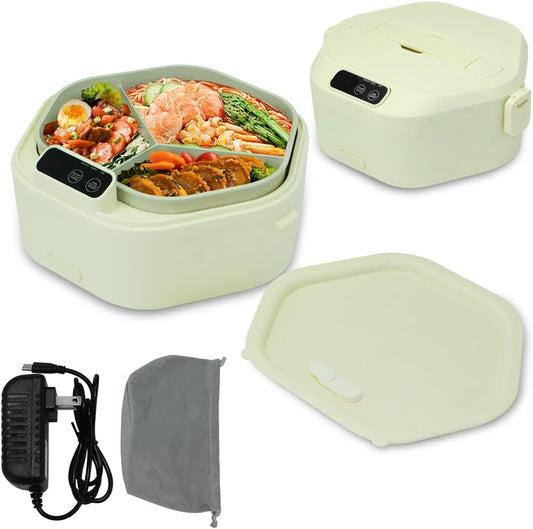 SL Nevnmoe Cordless Electric lunch box, Battery Powered Heated Lunch Box，Food Heate 1L Adjustable heating time Comes three compartments Used for trucks, camping, offices