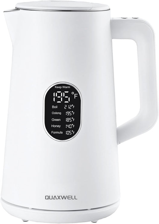 Electric Kettle, 1.5L Stainless Steel, Double Wall Cool Touch Teapot, Fast Boil,5 Temperature Control, LED Display, Auto Shut-Off, BPA-Free,Keep Warm Function, Ideal for Tea & Coffee,White