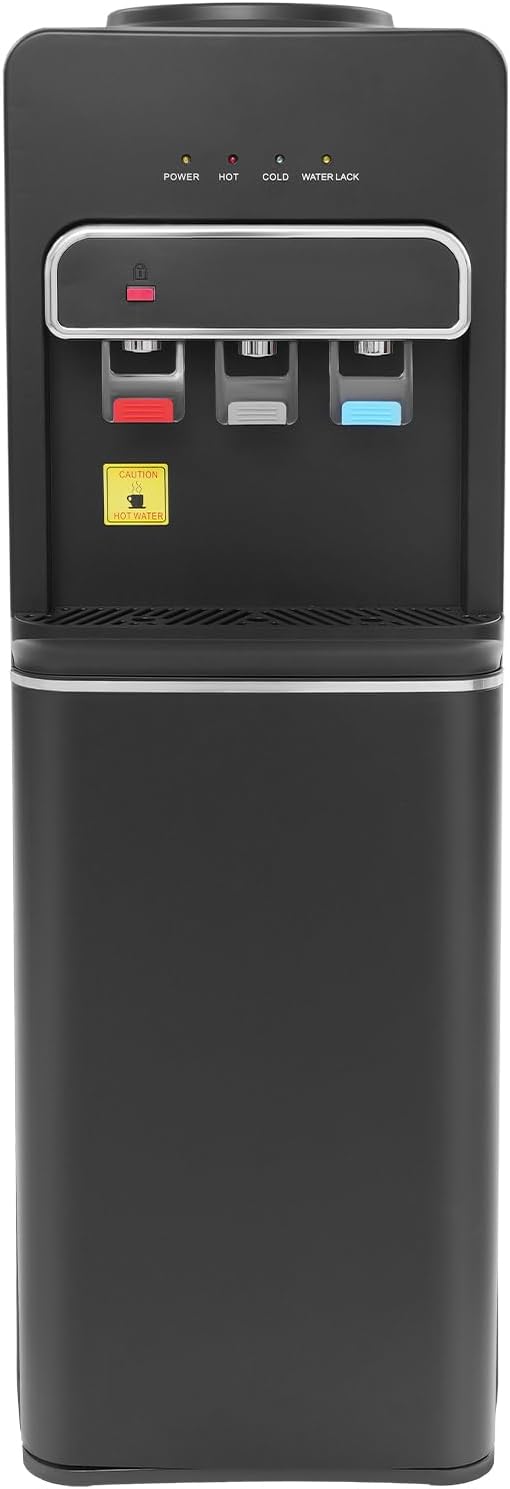 Bottom Loading Water Cooler for 5 Gallon Bottle, 110V Electric Water Dispenser with Hot, Room and Cold Spouts, Child Safety Lock, Work Indicator Lights, Floor Standing (Black)