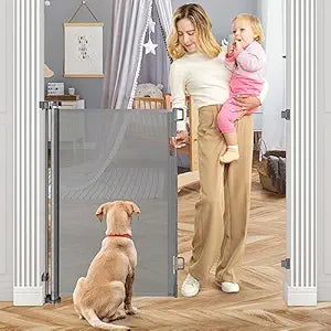 42 Inch Extra Tall Baby Gate for Stairs 55â€ Wide Retractable Anti-Scratch Mesh Gates for Kids or Pets Extra Tall Puppy Gates for The House One-Hand Operation Retractable Dog Gate for Doorway, Gray