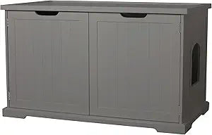 Merry Products Adjustable Pet Cat Washroom Storage Bench Furniture with Removable Partition Wall for All Size Litter Boxes, Gray