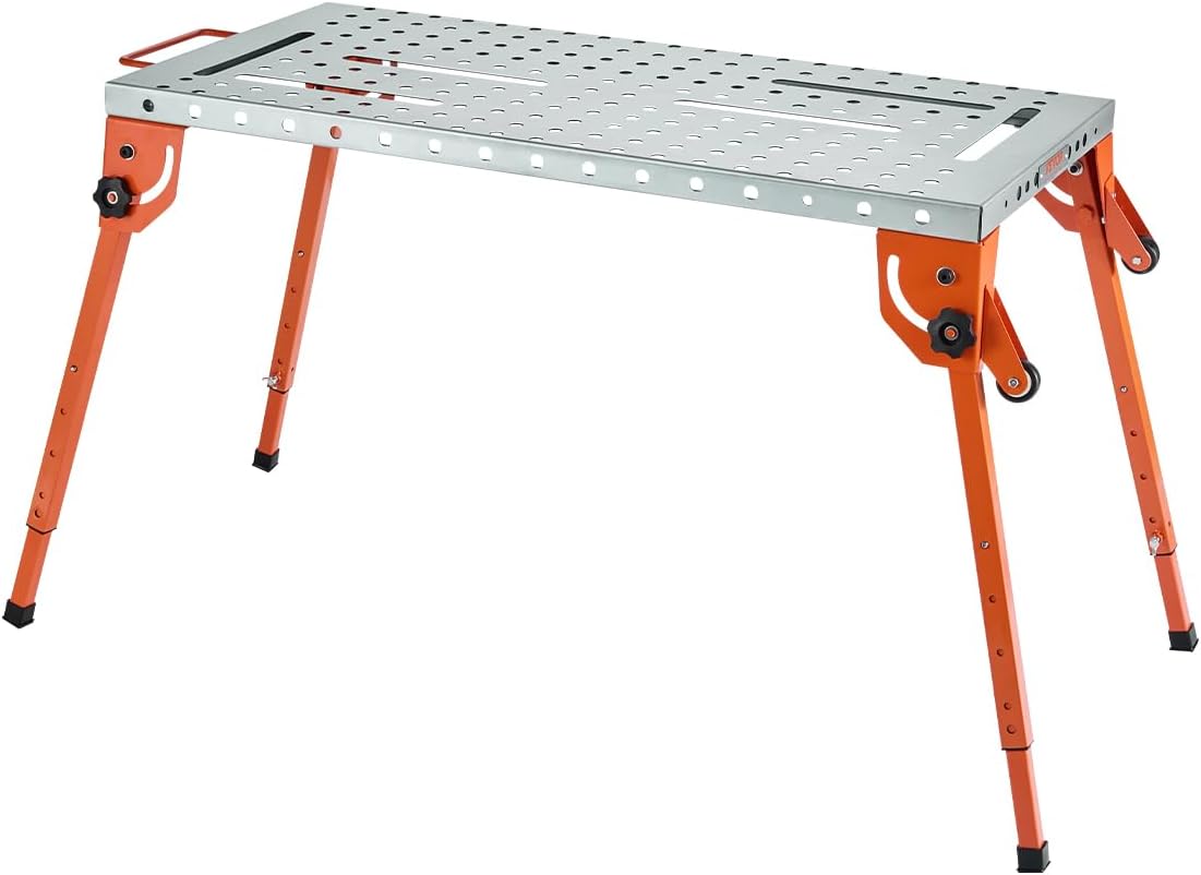VEVOR Foldable Welding Table 44" x 21", 500LBS Capacity Welding Workbench with 4-Level Adjustable Height, Carbon Steel Work Bench with 6 Tool Slots & 0.63" Fixture Holes for Welding Assembly Repair