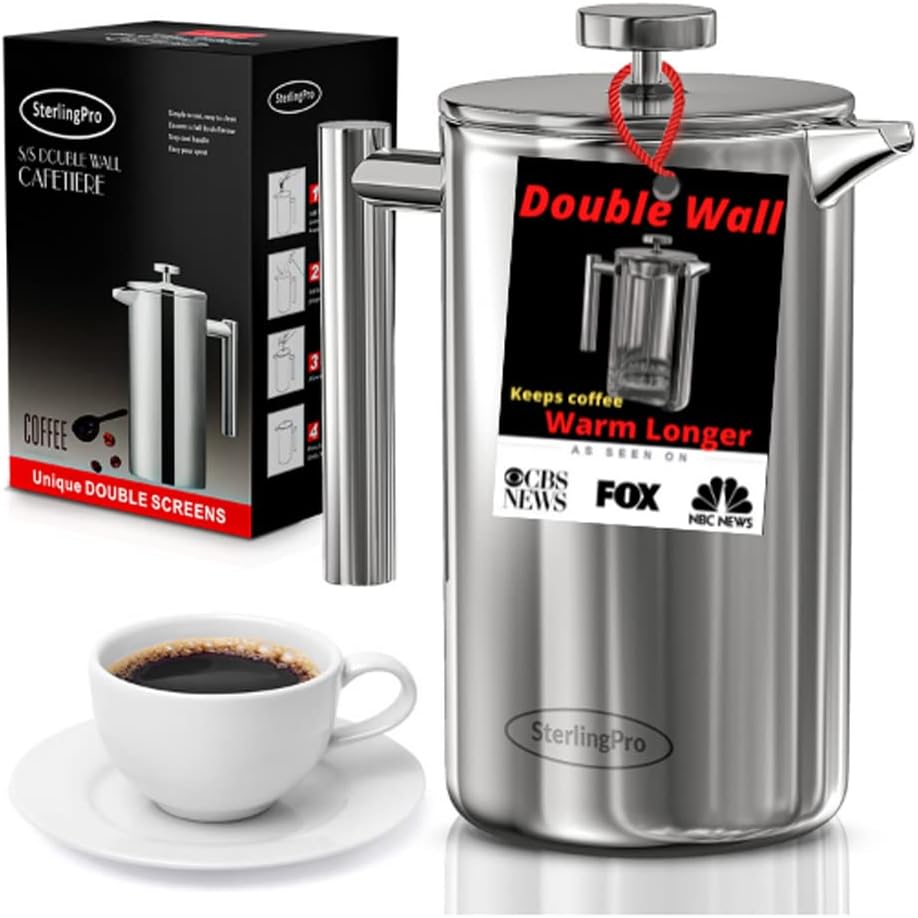 SterlingPro French Press Coffee Maker (1.75L)-Double Walled Large Coffee Press with 2 Extra Filters-Enjoy Granule-Free Coffee, Stylish Rust Free Kitchen Accessory-Stainless Steel (Mirror)