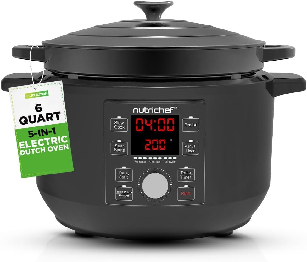 Nutrichef 6 Quart Electric Dutch Oven | 1500W 5-in-1 Enamel Coated Cast Iron Pot with Stainless Steel Lid | Precise Temperature Control | Includes 2 Silicone Pot Holders & Heat Resistant Pad | Black