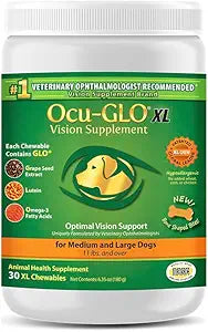 Ocu-GLO Cat & Dog for Eye Support - Chewable Vision Supplement for Medium and Large Pets Care with Lutein, Omega-3 Fatty Acids, Grape Seed Extract & Antioxidants 30 XL Chewables