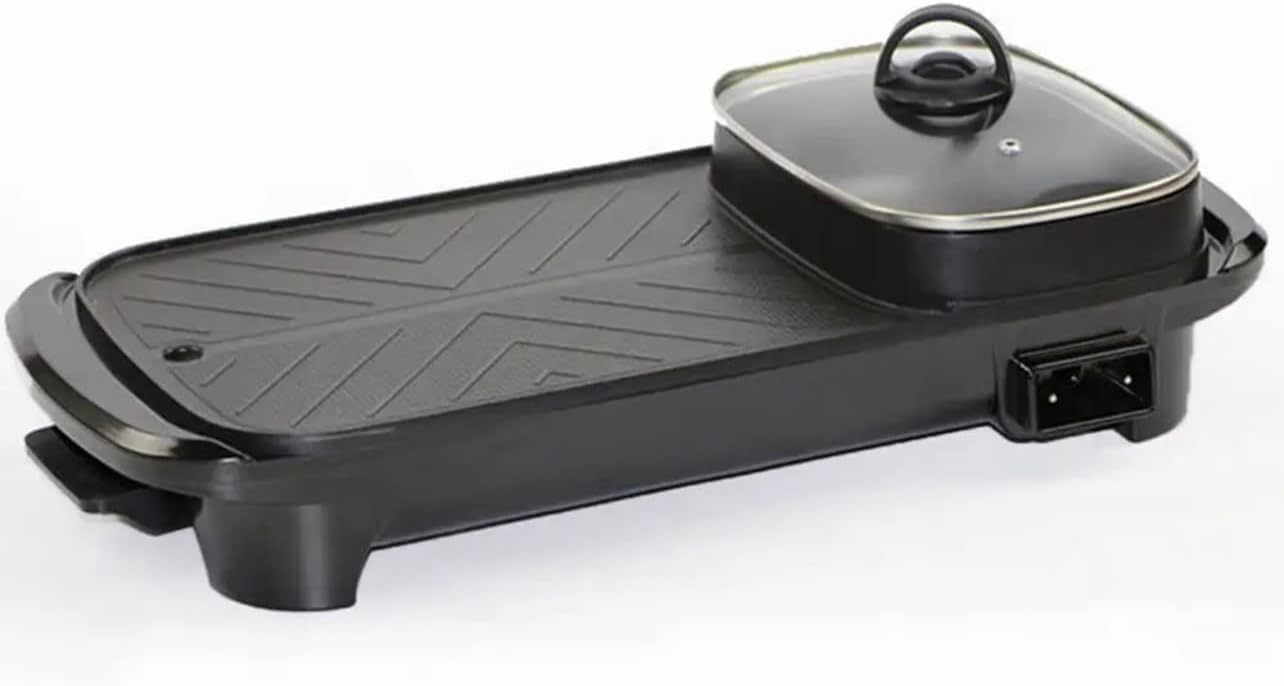 Electric 2 in 1 Grill with Shabu Shabu Hot Pot. Multifunctional Indoor Teppanyaki Korean BBQ Capacity for 2-10 People