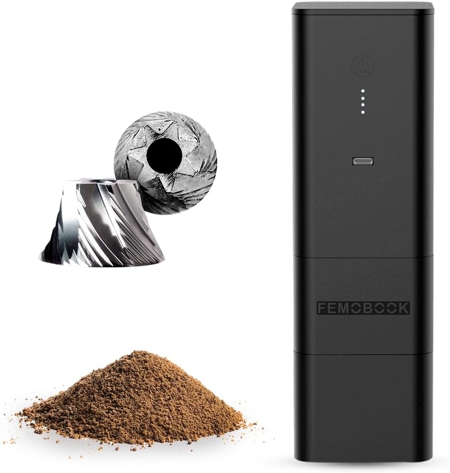 Femobook-A2 Portable Electric Coffee Grinder, Cordless Burr Grinder USB Rechargeable Coffee Grinder Magnetic Grounds Cup for Espresso Pour Over Travel & Home Brewing, Black