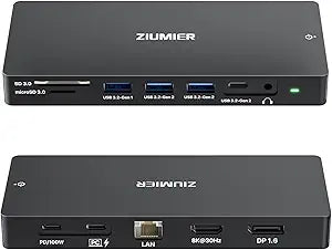 ZIUMIER USB C Docking Station Dual Monitor, 12 in 1 Laptop Docking Station - Single 8K or Dual 4K Displays, 1 HDMI, 1 DP, 100W PD, 3x10Gbps USB-A/C Data, 5Gbps USB-A Data, Ethernet, Audio, SD/Micro SD