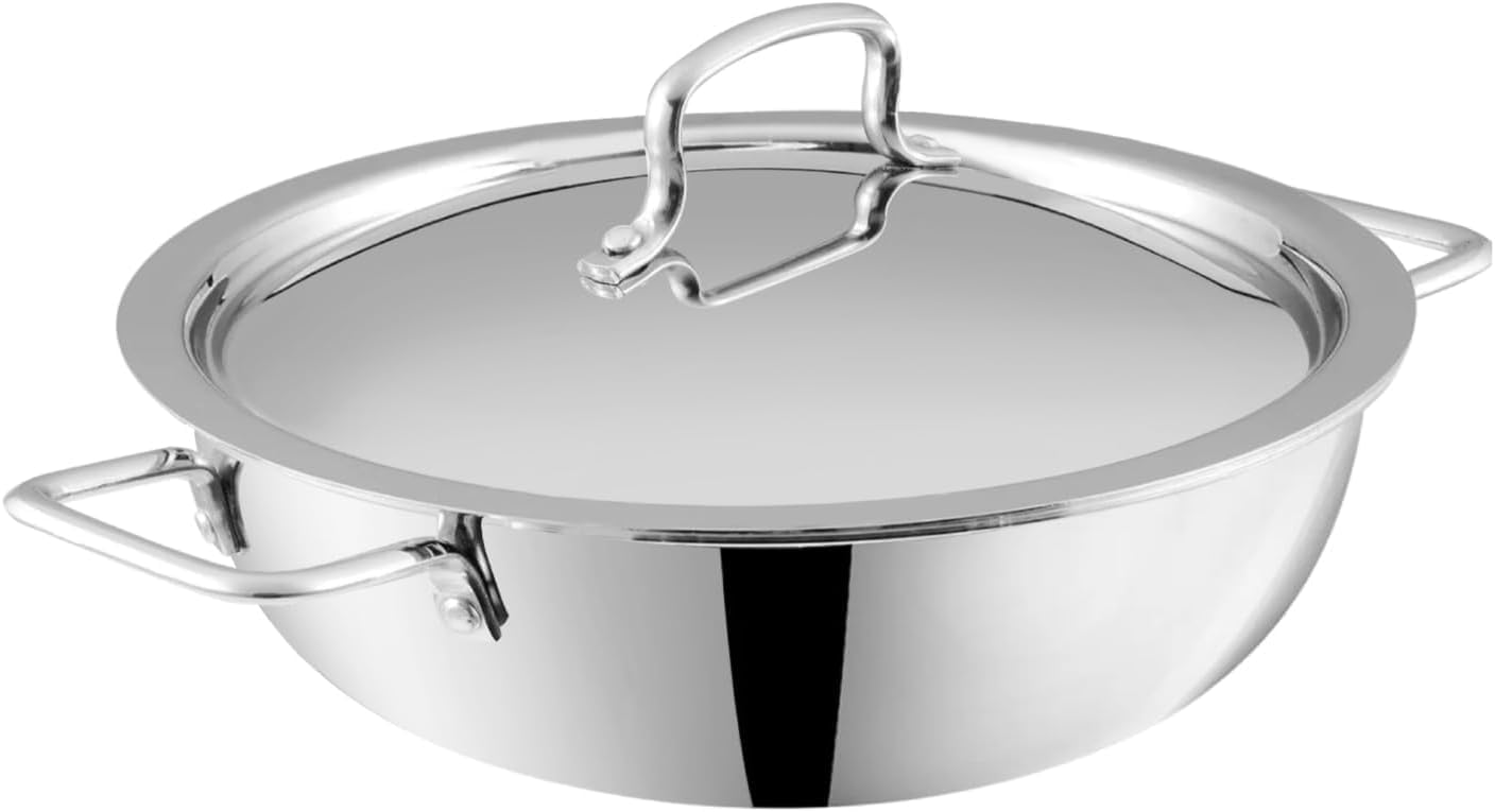 Vinod Platinum Triply Stainless Steel Kadai | Suitable For Indian Cooking, Sauces, Stews, Soups | Extra Deep, 34cm | Induction, Electric Friendly