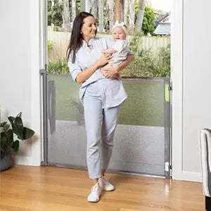 Retractable Baby Gate Perma Child Safety 41" Tall x 71â€ Wide, Mesh, for Stairs, Doorways, Dogs, Pets, Indoor, Outdoor, One-Handed Operation, Locking, Easy Install, Hardware Mount, Gray