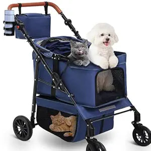 Pet Stroller for 2 Small Dogs, Dog Stroller for Medium Dogs 20 lb with Storage Bag and Cup Holder, Cat Stroller for 2 Cats with Adjustable Handle & Weatherproof Cover, All-Terrain(Blue)
