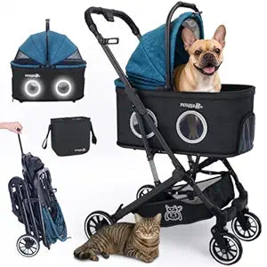 Pet Stroller with Organizer for Small & Medium Dogs & Cats Foldable Lightweight Pet Stroller with Mesh Windows, Hi-Vis Reflective Trim & Zipper-Free Canopy NTÂ·hut, WagZee (Black Teal Turquoise)