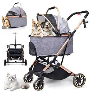 Dog Stroller for Dogs - 3 in 1 Pet Stroller with Detachable Storage Basket 4 All-Terrain Rubber Wheels Pull Rod Durable Travel Carrier for Max 33 lbs Medium Dogs 2 Small Cats (Grey)