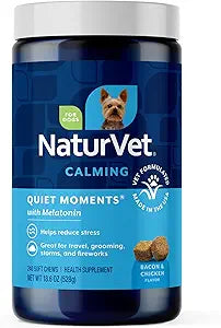 NaturVet Quiet Moments Calming Dog Supplement, Dog Soft Chews with Melatonin to Help Reduce Stress from Storms, the Vet, Fireworks, and Travel, Bacon and Chicken Flavored Pet Supplement, 240 Count Jar