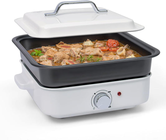 2-in-1 Electric Hot Pot, 4L Non-Stick Portable Shabu Pot with Grill Pan & Removable Pot, Non-stick Ceramic Oil Coating, Multi-Power Control 400W/1200W Non-Stick Pot for Dorm, Office, Apartment, White