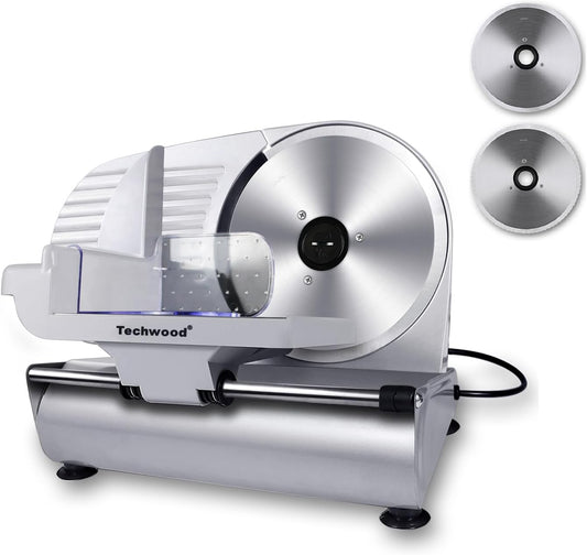 Techwood Electric Meat Slicer, 200W Electric Deli Food Slicer with 9\u201D Removable Stainless Steel Blade & Adjustable Thickness Dial, for Home Use, Ideal for Meat Jerky, Hard Cheese, Vegetables & Bread