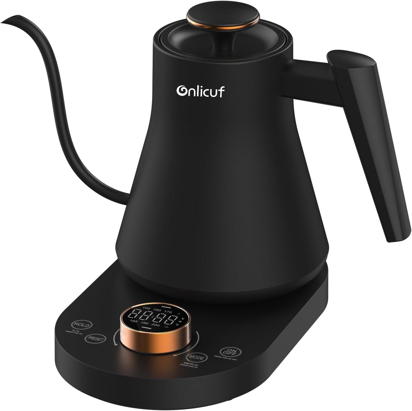 Onlicuf Gooseneck Electric Kettle with 7 Presets & ±1°F Precision Temperature Control, Pour Over Coffee & Tea Kettle, Hot Water Boiler, 100% Stainless Steel Inner, 1000W\/0,8L, Matte Black