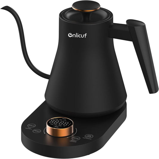 Onlicuf Gooseneck Electric Kettle with 7 Presets & ±1°F Precision Temperature Control, Pour Over Coffee & Tea Kettle, Hot Water Boiler, 100% Stainless Steel Inner, 1000W\/0,8L, Matte Black