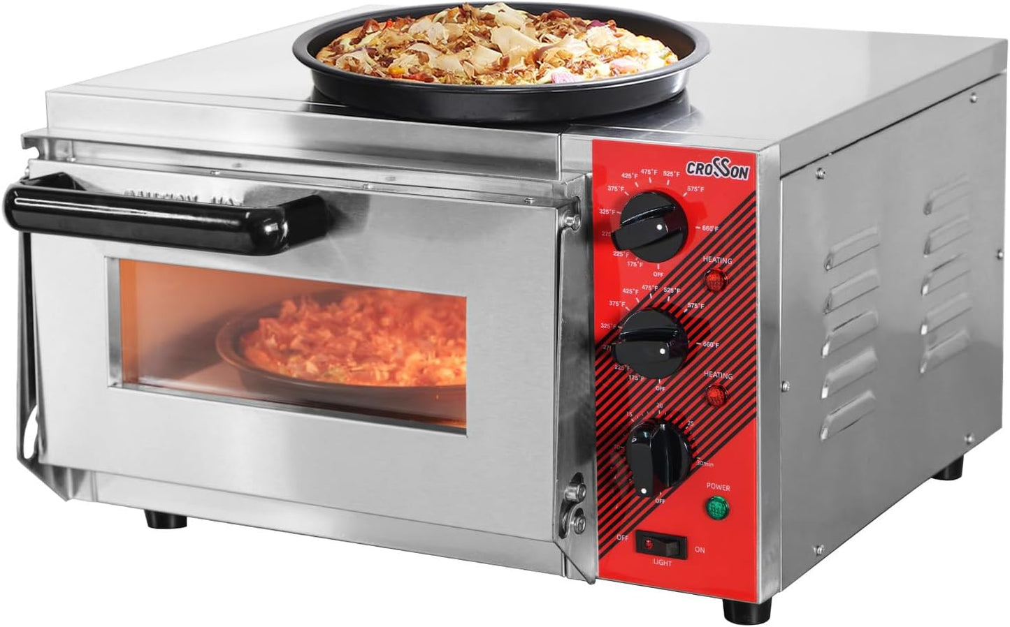 CROSSON Electric 12\u201D Pizza Oven Countertop with Pizza Stone, 30-minute Timer and interior light,Indoor Stainless Steel Pizza Maker for Home Use,120V\/1600W