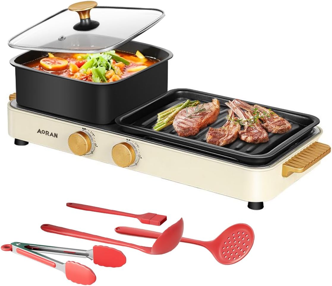 AORAN 2-in-1 Indoor Electric Grill & Hot Pot Combo, 1400W Dual-Zone Smokeless Cooker Cooker, Includes 4-Piece BBQ Accessories Set, Non-Stick & Easy Clean, Compact 21.8\u201Dx7\u201Dx10.6\u201D for Home, Dorms\u200B