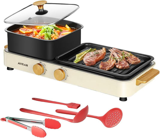AORAN 2-in-1 Indoor Electric Grill & Hot Pot Combo, 1400W Dual-Zone Smokeless Cooker Cooker, Includes 4-Piece BBQ Accessories Set, Non-Stick & Easy Clean, Compact 21.8\u201Dx7\u201Dx10.6\u201D for Home, Dorms\u200B