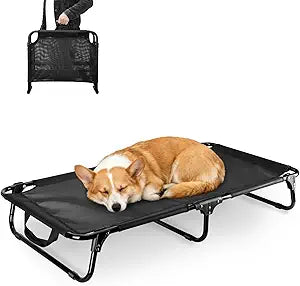 Foldable Elevated Dog Cot, No Assembly Need, Waterproof Folding Raised Dog Bed, Outdoor Dogs Cot Cooling Pet Hammock Bed with Breathable Mesh for Small Medium Size Dogs, Chew-Proof, Black
