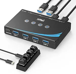 eKL USB 3.0 Switch 4 Computers Sharing USB Peripherals, 4 Port USB Switcher Sharing Mouse Keyboard Scanner Printer, with 3.5mm Headset Jack Audio Out, Includes 4 USB 3.0 Cables and Remote