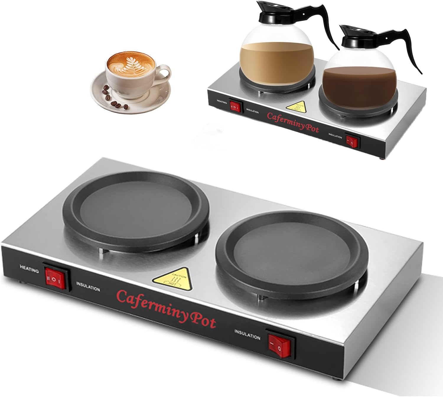 Electric Coffee Warmer, Double Hot Plate Coffee Pot Warmer, Portable Standard Glass Decanter Warmer, Electric Beverage Warmer for Cafe Break Room (US Plug 110V)