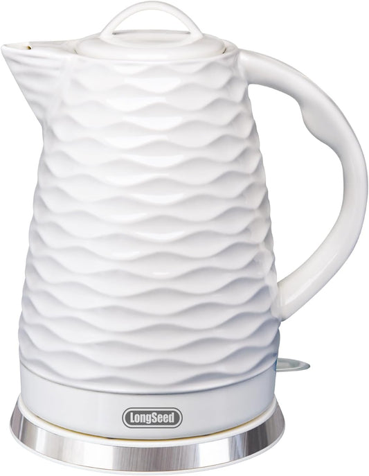 Ceramic electric kettle,1.5L/1000w, white electric tea kettle， Automatic Shut-Off, BPA-Free, Boil-Dry Protection, suitable for coffee, tea, quick boiling, with wave texture design