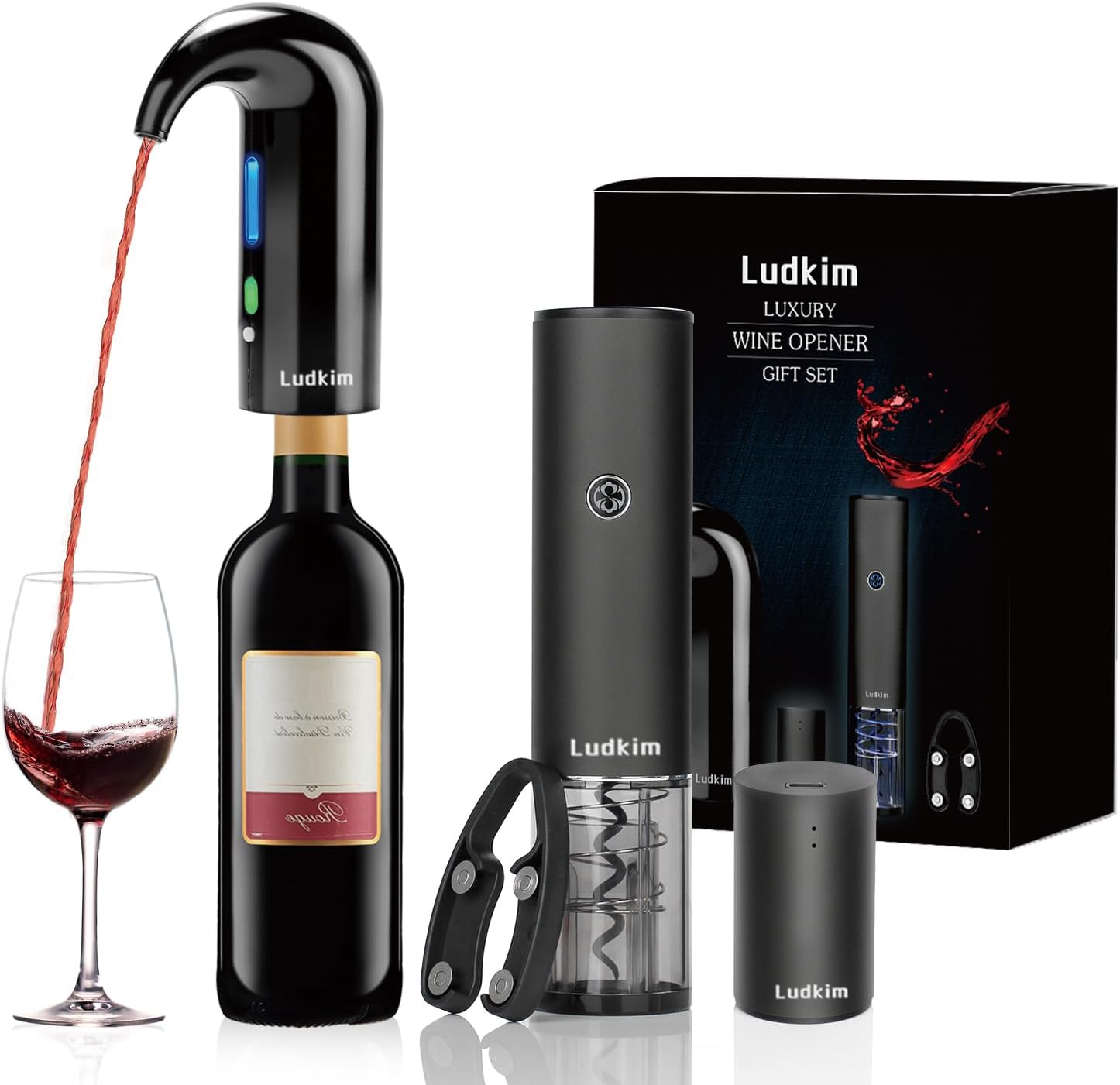 Rechageable Electric Wine Opener Gift Set | Electric Wine Aerator Dispenser, Electric Wine Corkscrew, Automatic Wine Saver Vaccum Pump, Foil Cutter | 4-in-1 Cordless Wine Bottle Opener Gift Set