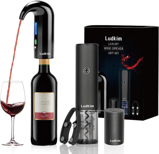 Rechageable Electric Wine Opener Gift Set | Electric Wine Aerator Dispenser, Electric Wine Corkscrew, Automatic Wine Saver Vaccum Pump, Foil Cutter | 4-in-1 Cordless Wine Bottle Opener Gift Set