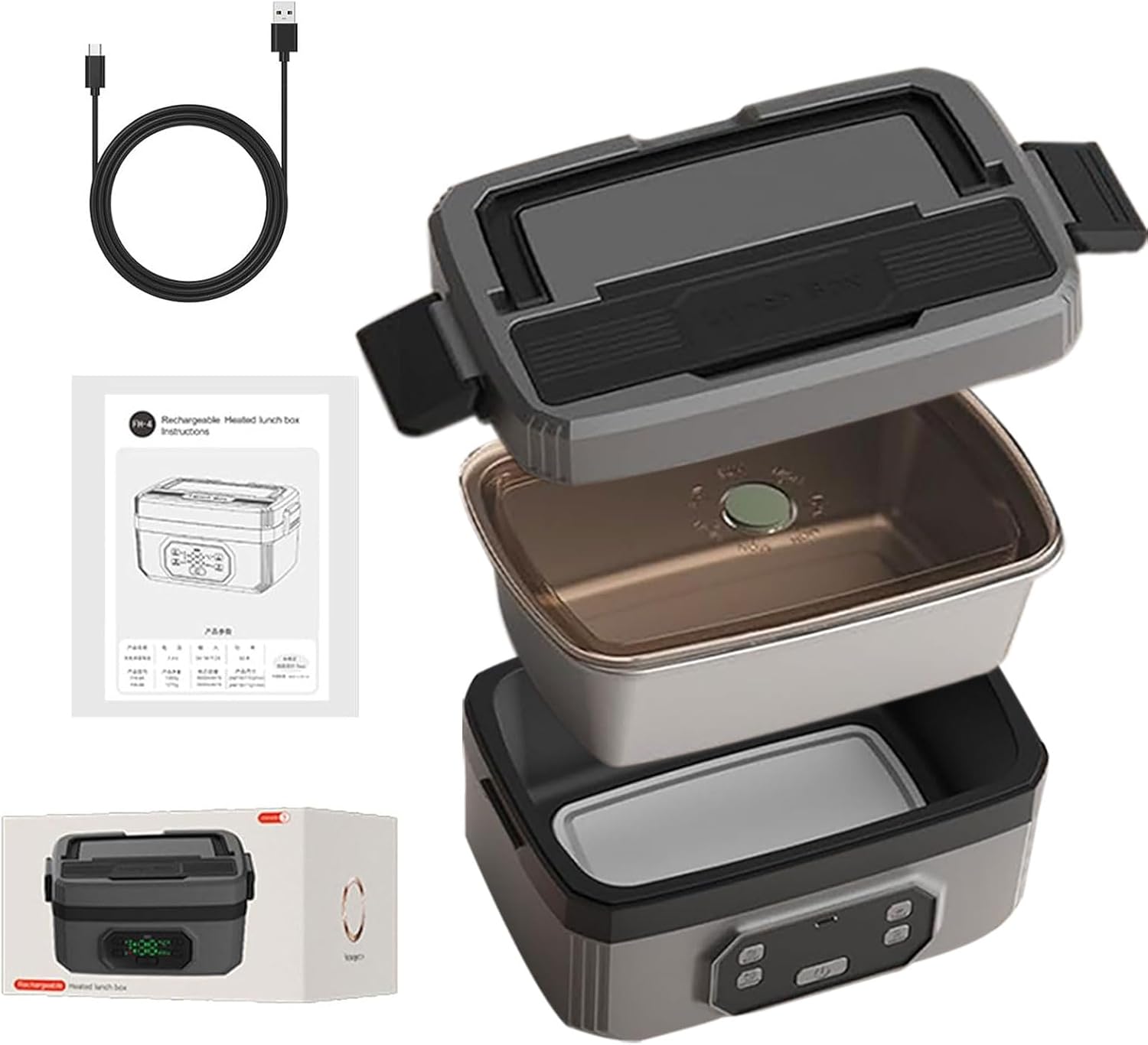 Smart Electric Heated Lunch Box for Men,Cordless Heated Lunch Box for Adults,Wireless Food Warmer Lunchbox,6.8 Cups Food Container,Rechargeable 24000 mAh Battery,Heating Timer and Reservation Design