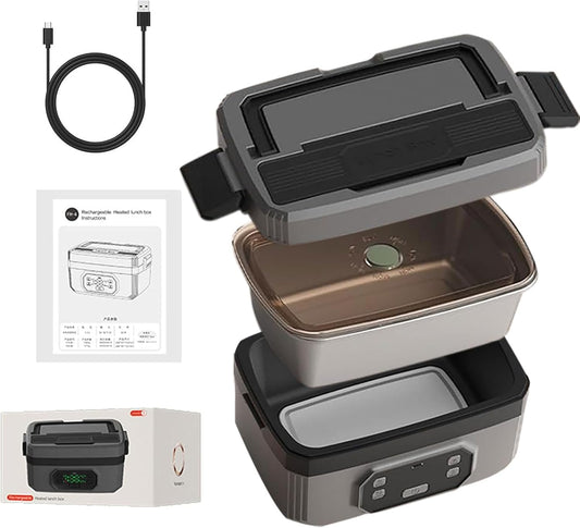 Smart Electric Heated Lunch Box for Men,Cordless Heated Lunch Box for Adults,Wireless Food Warmer Lunchbox,6.8 Cups Food Container,Rechargeable 24000 mAh Battery,Heating Timer and Reservation Design