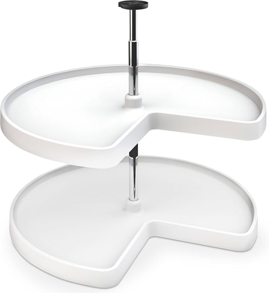 Rev-A-Shelf 2 Tier Kidney Cut Lazy Susan for Corner Base Cabinets, Plastic, 28" Double Shelf Swivel Kitchen Spice\/Can Organizer, White, 3472-28-11-52