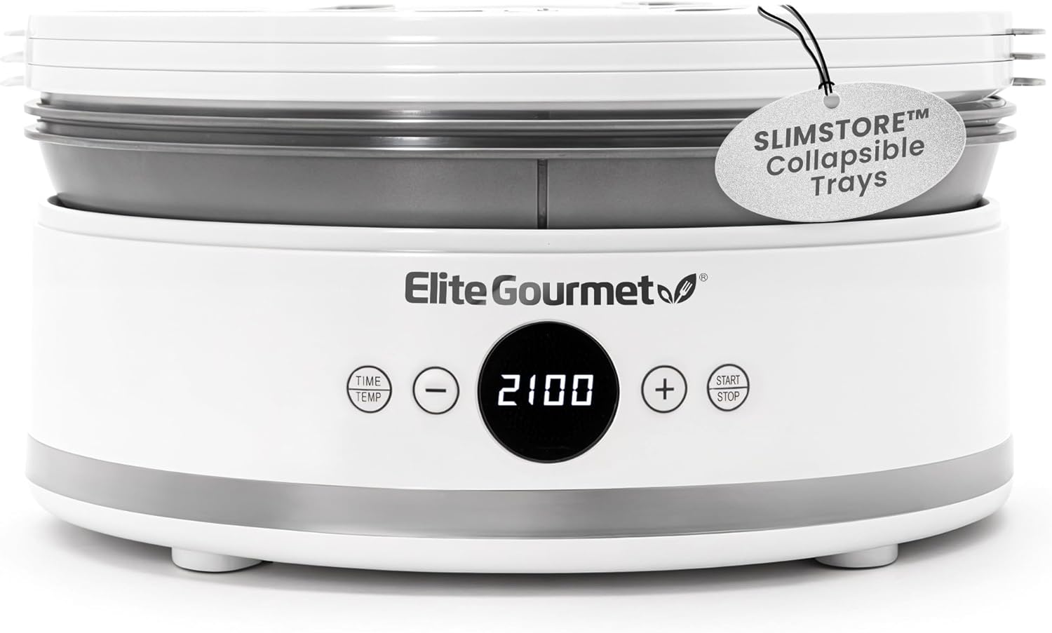 Elite Gourmet EFD329WD Digital Food Dehydrator with 5 BPA Free SlimStore™ Collapsible Trays for Compact Storage, Adjustable Timer and Temperature Controls, Jerky, Herbs, Fruit, Veggies, Snacks, White
