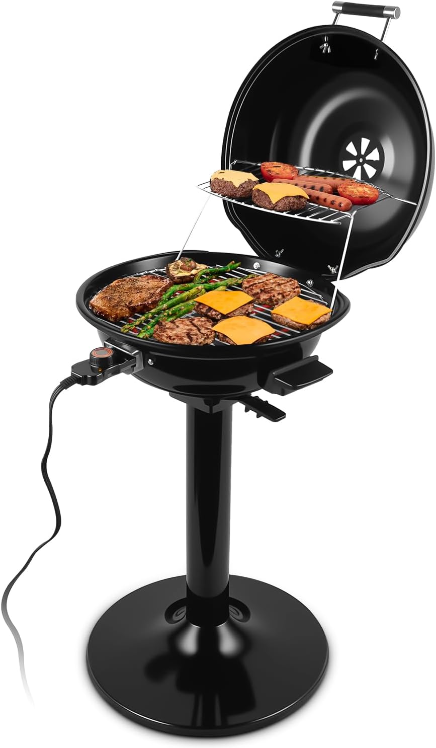 Electric Grill, CUSIMAX Electric Indoor\/Outdoor Grill, 1600W Portable BBQ with Lid for Indoor & Outdoor Use, Adjustable Heat, Removable Stand Grill for Cookouts, BBQ Gatherings, Small Spaces