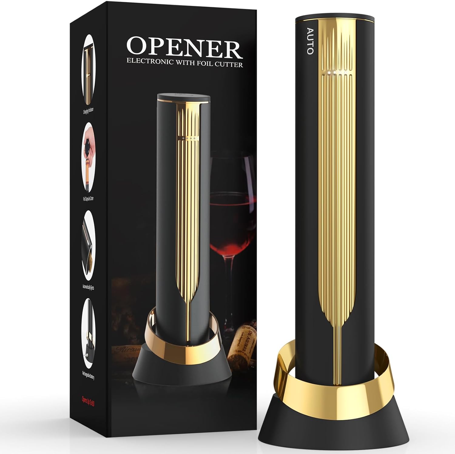 Newise Rechargeable Electric Wine Opener with Charging Base & Foil Cutter, Automatic Corkscrew for 60 Bottles, Luxury Gift for Wine Lovers Women Men - Gold & Black