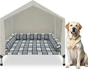 Elevated Dog Pet Bed House - Weatherproof 2-in-1 Indoor Outdoor Pet Cot with Canopy & Bolster Cooling Portable Raised Dog Bed with Pillow for Camping Beach