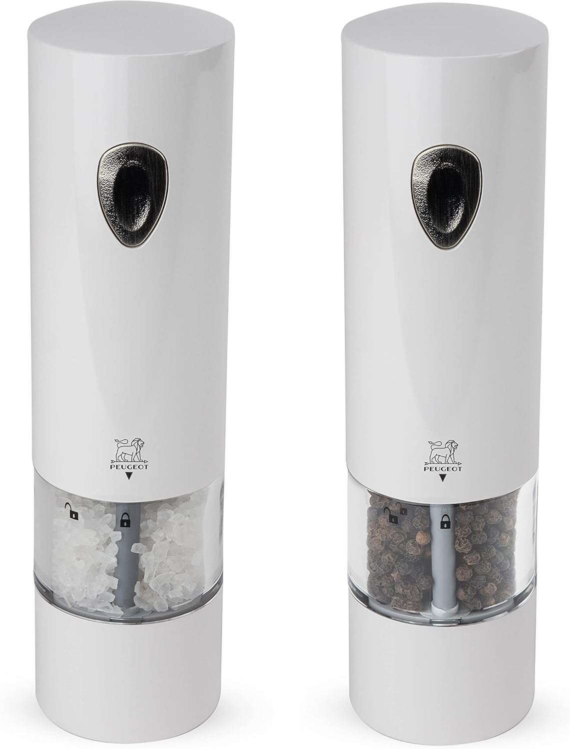 Peugeot PHENIX White Lacquered Stainless Steel Electric Adjustable Salt & Pepper Mill Gift Set, 8-inch
