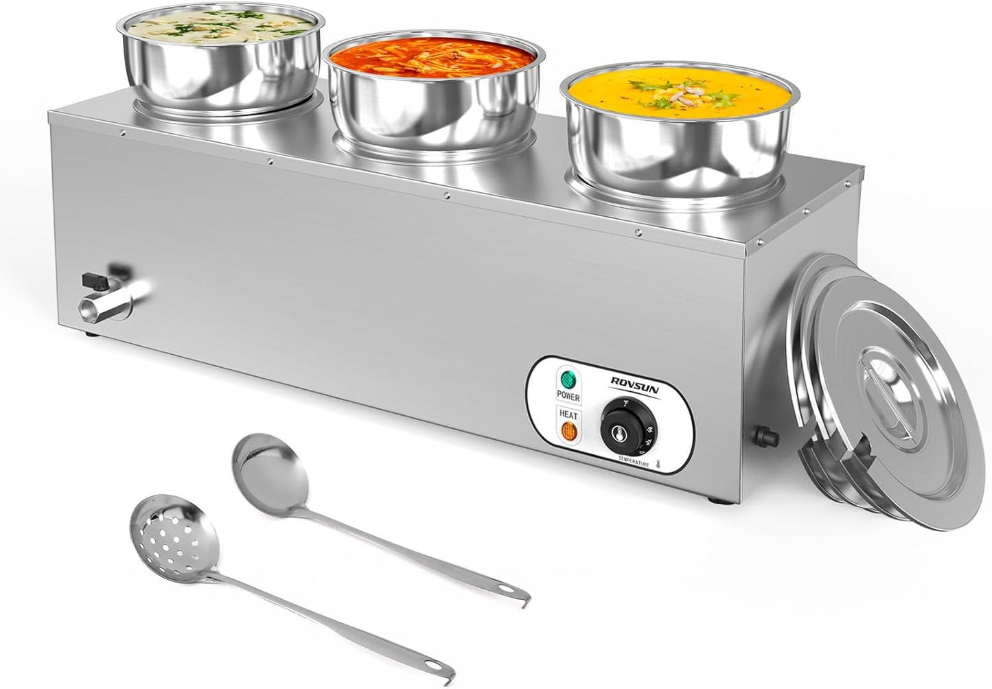 ROVSUN Electric Soup Warmer, 22QT Commercial Food Warmer Steam Table, Countertop Bain Marie with Three 7.4QT Pots, 86~185°F Adjustable Temperature, Lid and Tap for Buffet Restaurant 1200W