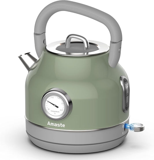 Amaste Electric Kettle, Retro Electric Tea Kettle with Thermometer, 57 Oz Hot Water Kettle for Coffee & Tea, 304 Stainless Steel, 1500W Fast Boiling, Auto Shut-Off & Boil Dry Protection, Matcha Green