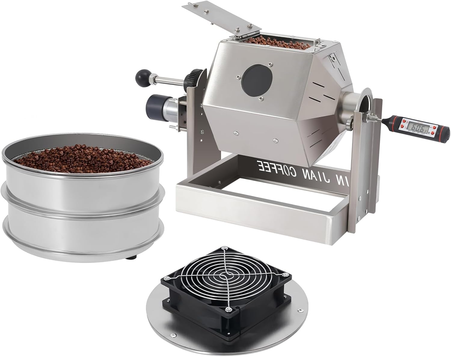 3.8L Coffee Roaster Electric Coffee Bean Roaster Baker with Cooler and Sieves Stainless Steel Baking Machine for Soybeans Peanuts Nuts, 0.66-1.1lbs/Time, 5-60RMP, Stove Heating