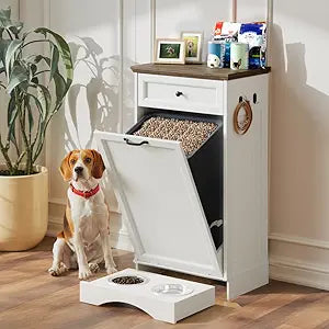 FIMELLO Dog Feeding Station, Tilt-Out Dog Food Storage Cabinet with Drawer,Pet Feeder Cabinet,White Grain