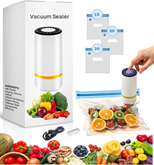 Wireless Portable Vacuum Sealer for Food Storage \u2013 Mini Handheld Sealer with 20 Reusable Bags, Powerful Airtight Meal Saver for Sous Vide & Freshness (20, 26cmx28cm)