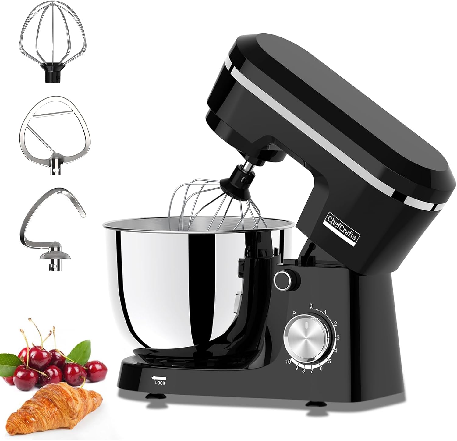 Electric Stand Mixer, 6.5 Qt Household Food Mixer, 660W 10 Speed Kitchen Mixer with Tilting Head for Bread Dough and Cake with Dough Hook, Whisk, Splash Guard and Egg Separator, Black