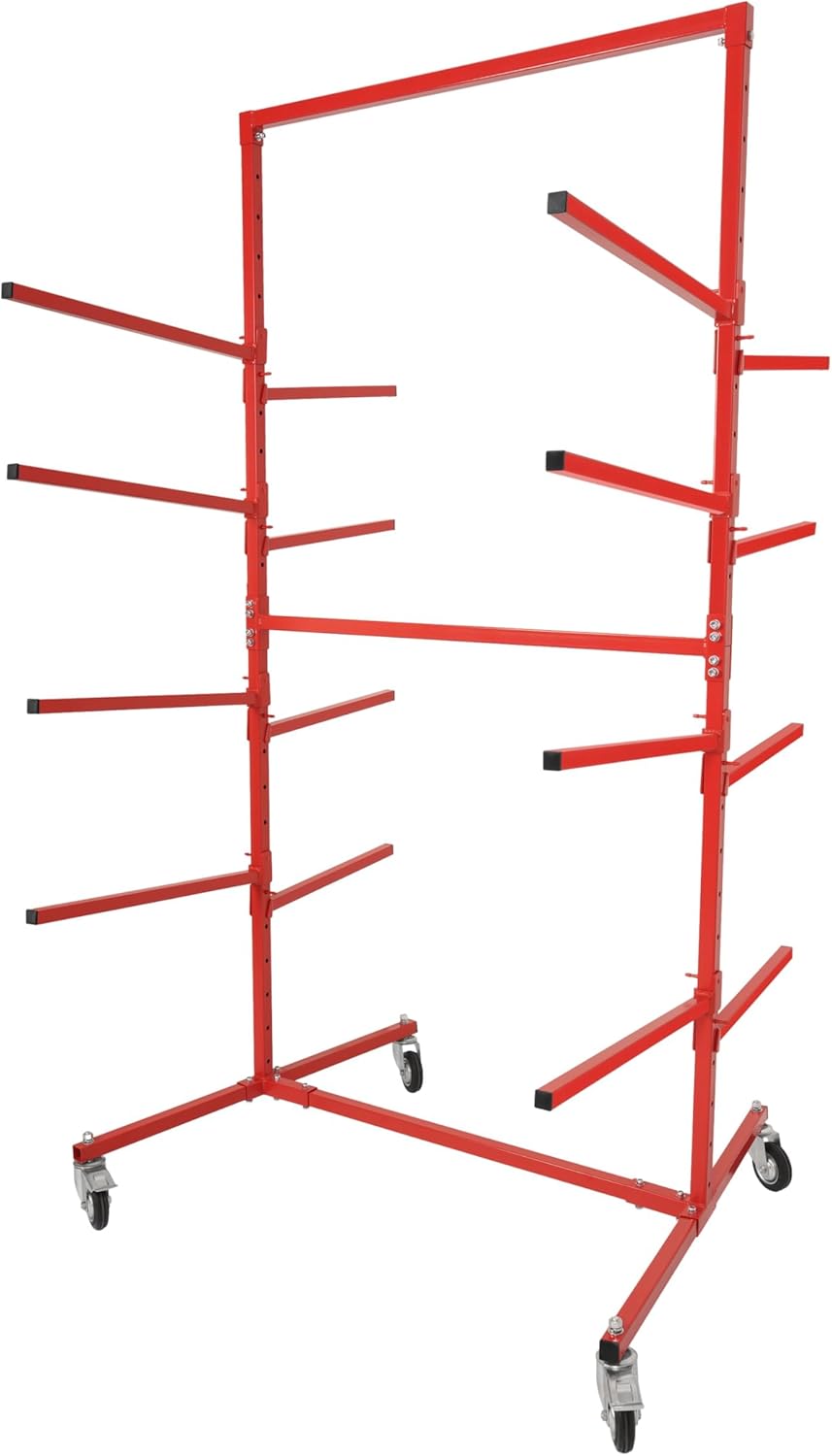 KUAFU Mobile Bumper Storage Rack w/Adjustable Shelving Auto Body Parts Management Storage Rack Standing Shelf Red Double-Sided