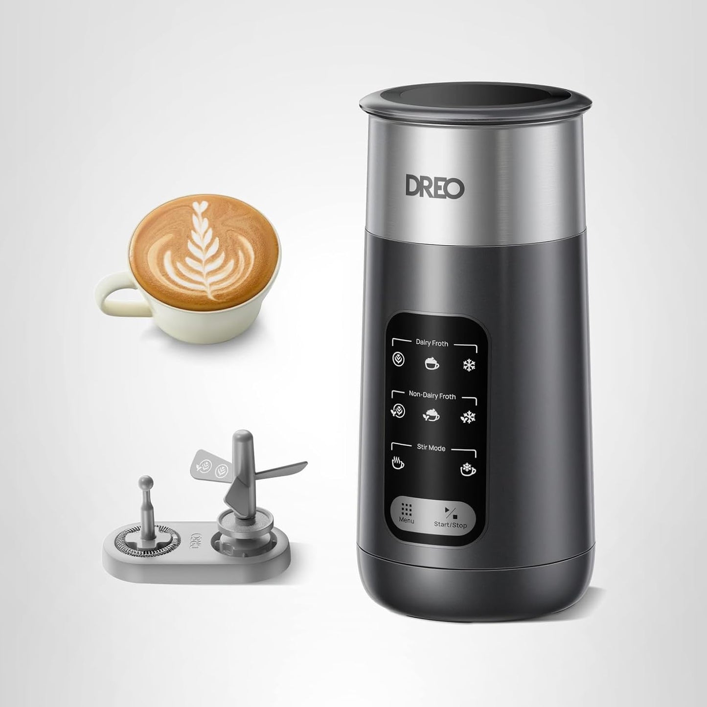 DREO Milk Frother, 8-in-1 Electric Stainless Steel Frother for Latte Art Microfoam and Coffee, 9oz\/270ml Warm and Cold Foam Automatic Frothers, LED, Easy to Clean