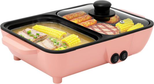 Electric Hot Pot with Grill, 2 in 1 Non-Stick Electric Pot and Frying Pan, Independent Dual Temperature Control, Fast Heating, Portable Multifunctional Smokeless BBQ Grill for Indoor
